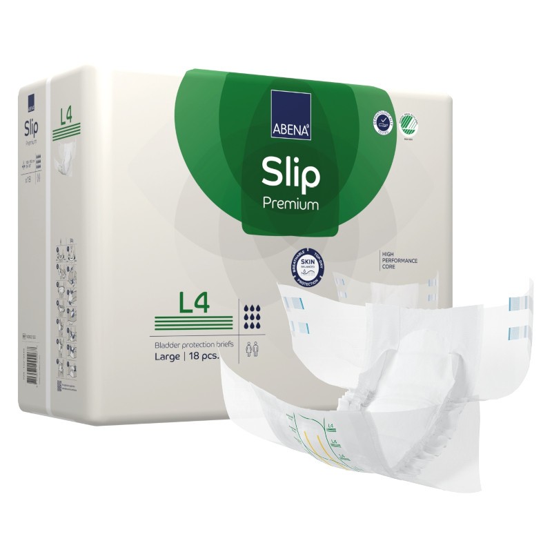 Verpackung der Abena Slip L4 Premium. Davorliegend eine Abena Slip L4 Premium Inkontinenzwindel.